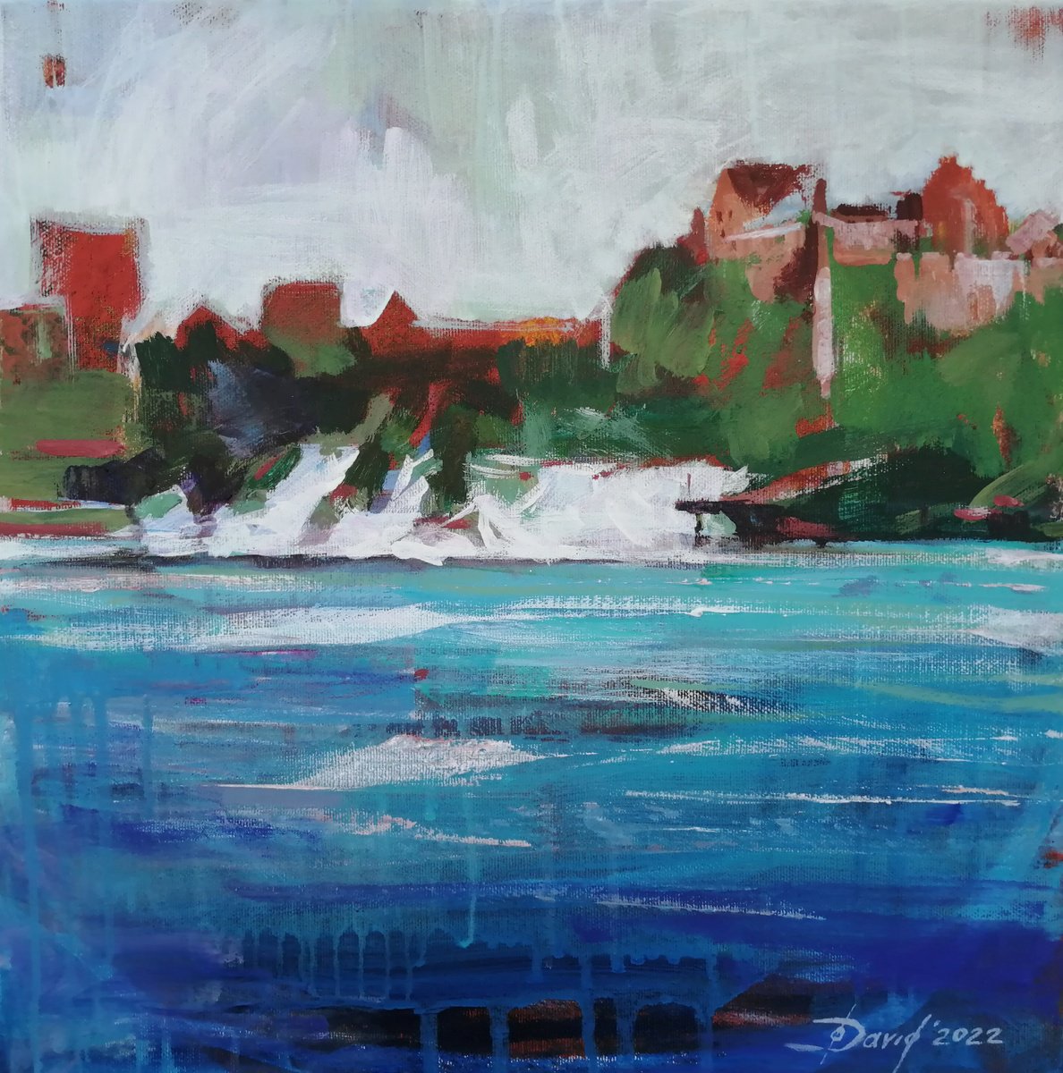 Expressive Landscape Acrylic Painting By Olga David, 16 X 16", Rhine Falls - Landscape, Original Artwork