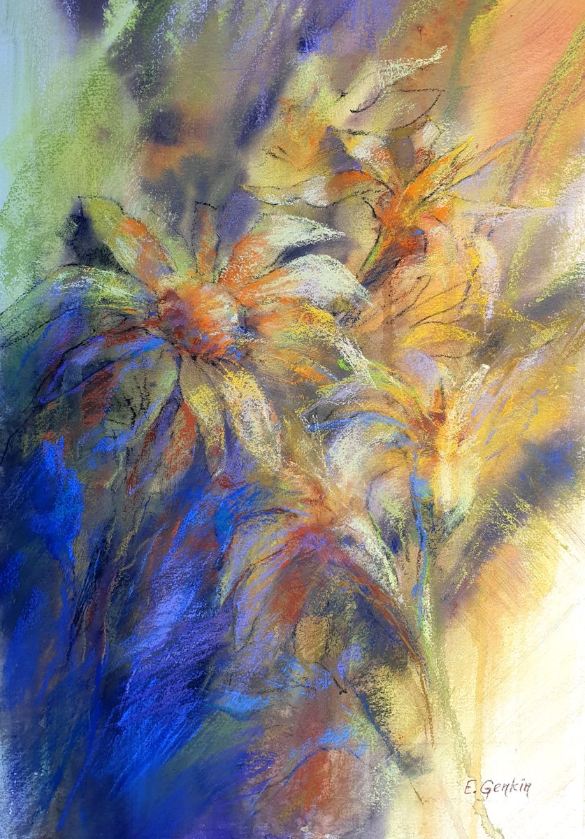 Impressionistic Botanical Pastel Drawing By Elena Genkin, 13 X 18, Hot Wildflowers - 2, Original Artwork