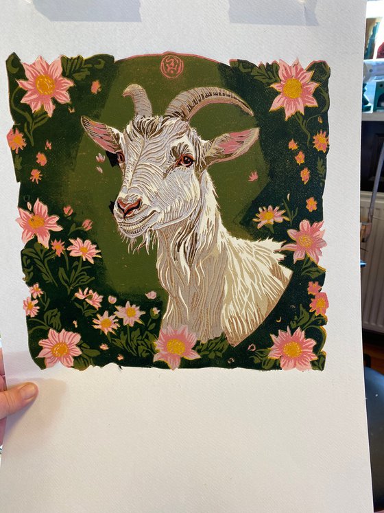 Goat – reduction linocut print