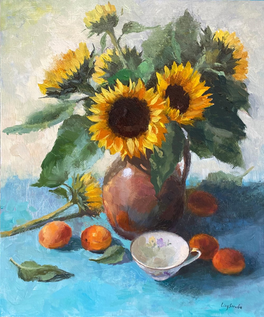 Impressionistic Botanical Oil Painting By Ling Strube, 16 X 20", Sunflower Bouquet #2, Original Artwork