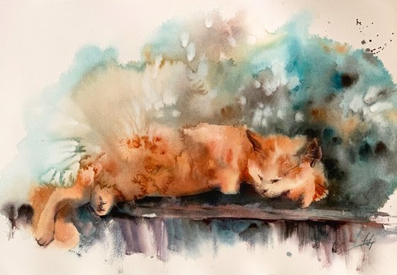 Siesta. Cat watercolor painting.