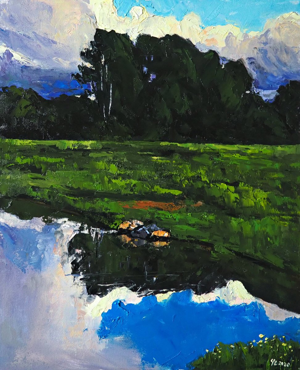 Impressionistic Landscape Oil Painting By Yuanyuan Liu, 19 X 23", Summer Landscape, Original Artwork