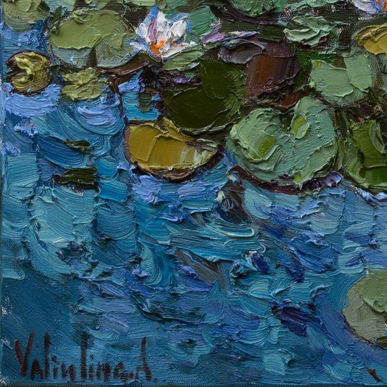 Water lilies  in pond. Original Oil painting