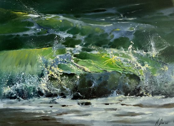 Green wave original oil painting