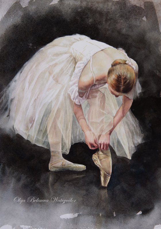 Young ballerina preparing for a show - watercolor ballerina