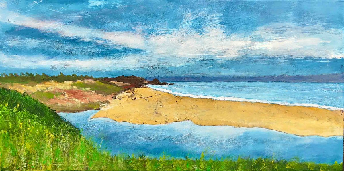 Impressionistic Landscape Acrylic Painting By Km Arts, 31 X 16", Sandbar, Original Artwork