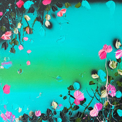 Square acrylic structure painting with flowers "Eden" 60x60x2cm, mixed media by Anastassia Skopp