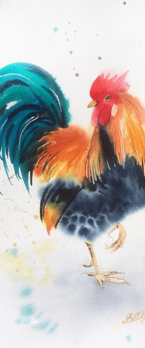 The Boss - rooster - country d by Olga Beliaeva Watercolour