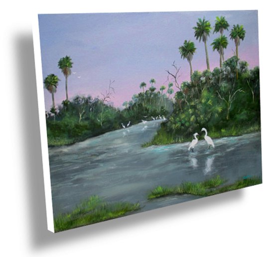 Florida Egrets - acrylic original painting on stretched canvas