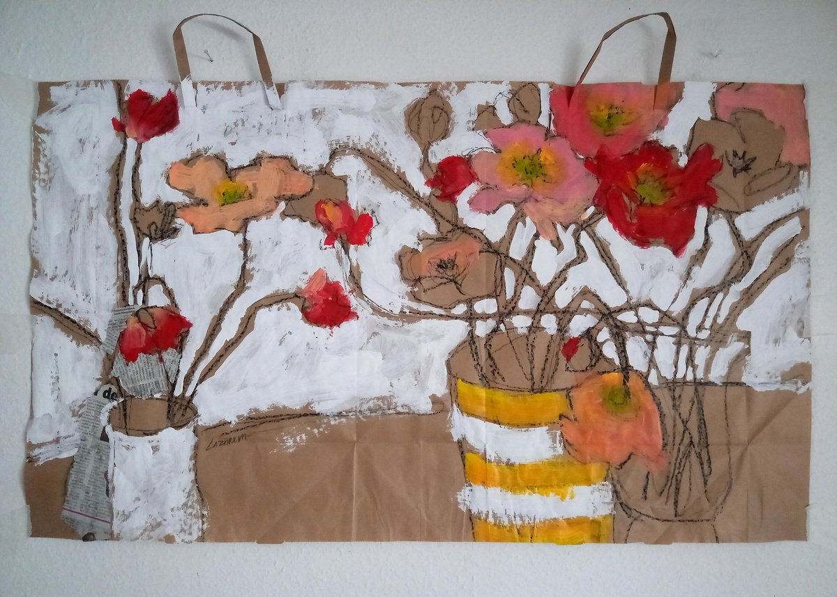 Expressive Botanical Acrylic Painting By Valerie Lazareva, 37 X 22", #69/24 Poppies, Original Artwork