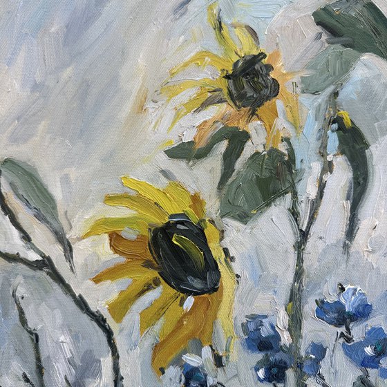 Sunflowers on a Gray Background