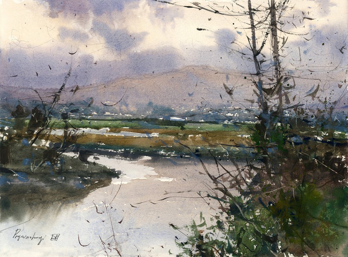 Impressionistic Landscape Watercolour By Yurii Prysiazhnyi, 15 X 11", The River Lee, Original Artwork