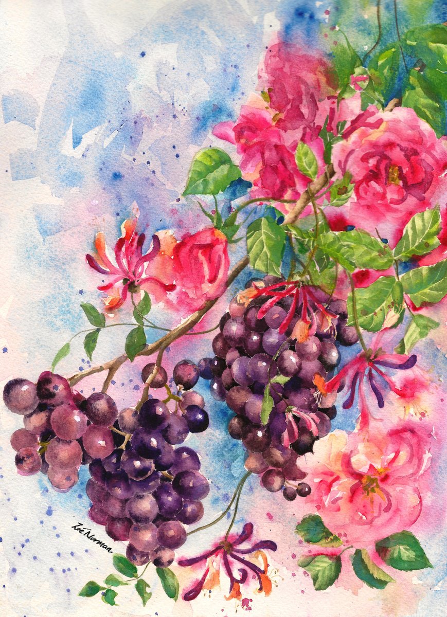 Impressionistic Botanical Watercolour By Zoe Elizabeth Norman, 9 X 12", Grapes, Roses And Honeysuckle, Original Artwork