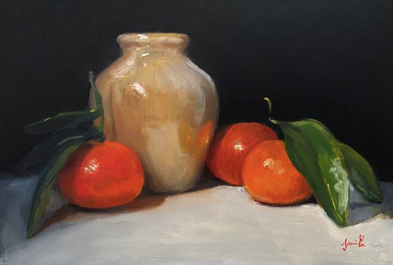 Still Life of Oranges and Studio Pottery.