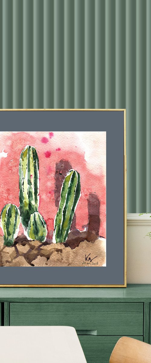 Watercolor sketch "Cacti against a bright wall" original illustration by Ksenia Selianko
