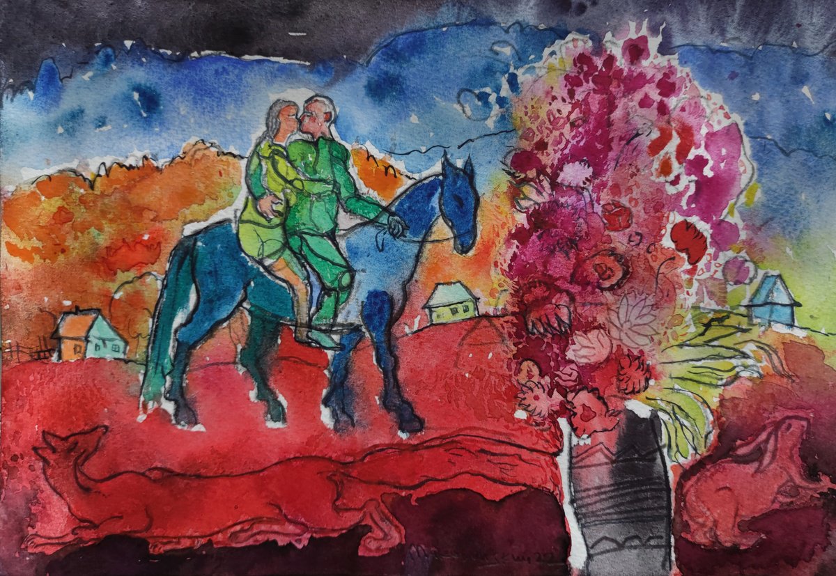 Impressionistic Portrait Watercolour By Pavlo Makedonskyi, 17 X 13", Peeped Kiss, Original Artwork