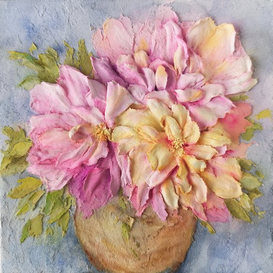 Blush pink and yellow peony bouquet sculpture painting