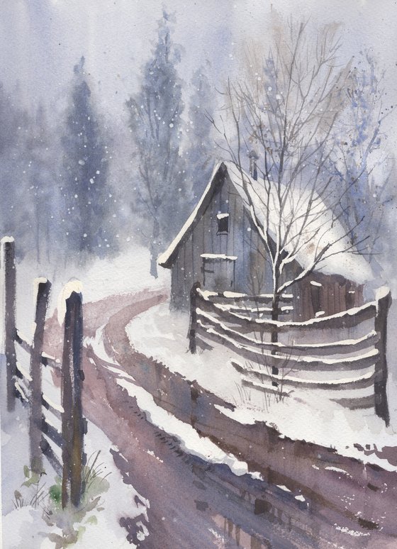 Snow Art Original Watercolor, Winter Landscape painting