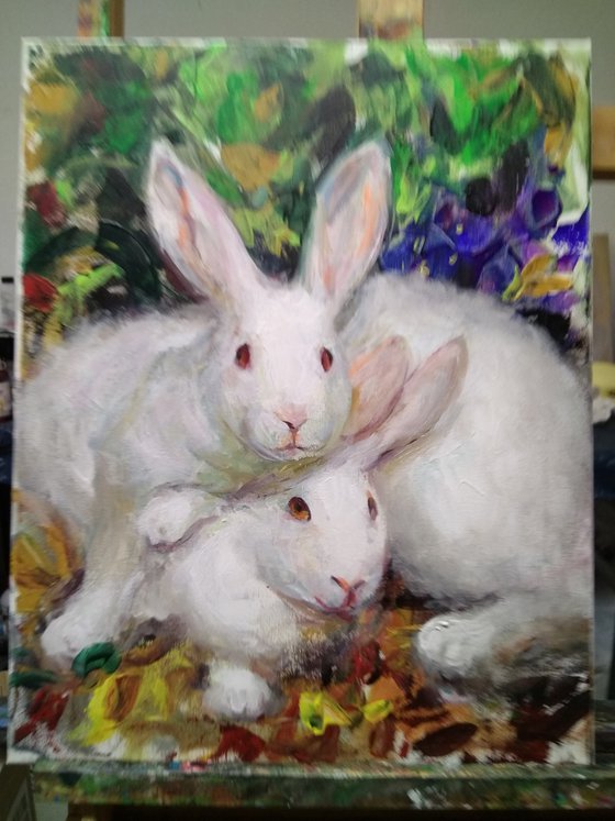 White  Rabbits. Palette knife , impasto