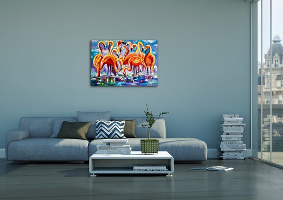 ORANGE FLAMINGOS. LARGE SIZE PAINTING. Original oil palette knife painting on linen canvas.