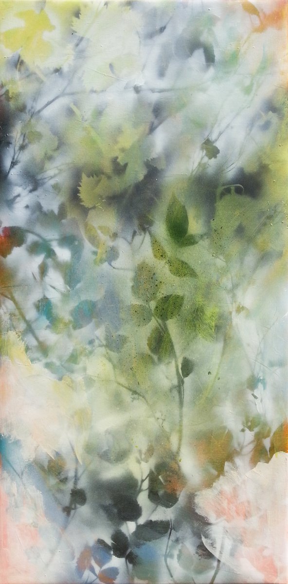 Abstract Botanical Painting By Fabienne Monestier, 20 X 39, Foliages N°4, Original Artwork
