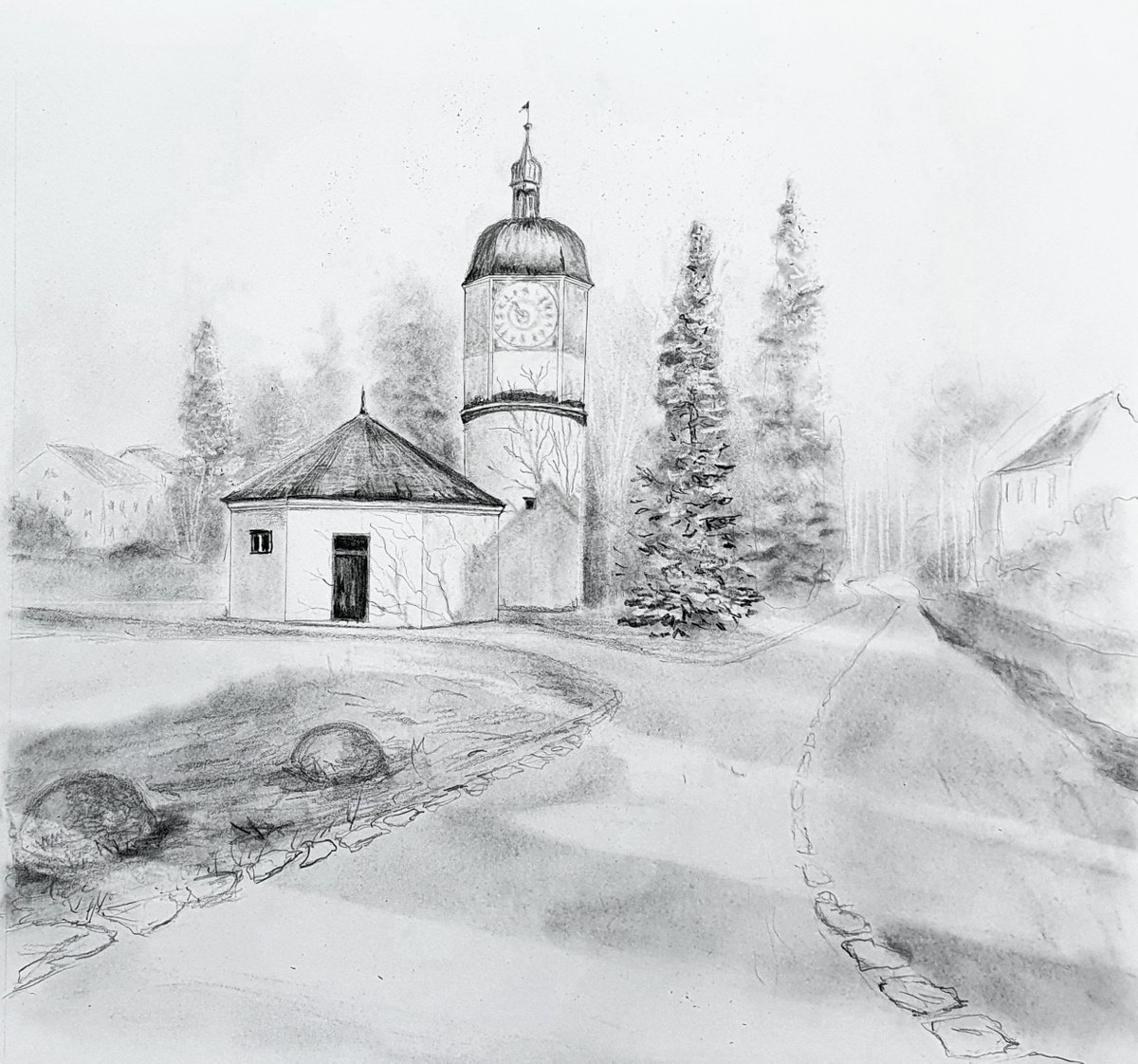 Impressionistic Cityscapes Pencil Drawing By Yulia Schuster, 13 X 12", Burghausen. Sketch, Original Artwork