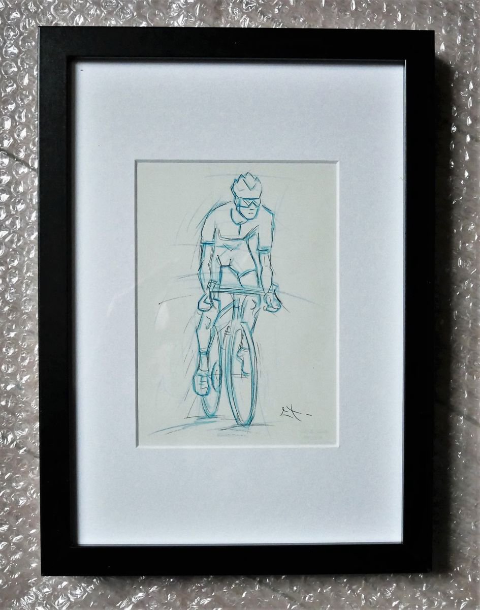 Esquisse crayon bleu et encre, Cycliste, Encadr� 24 x 32 cm by Lionel Le Jeune