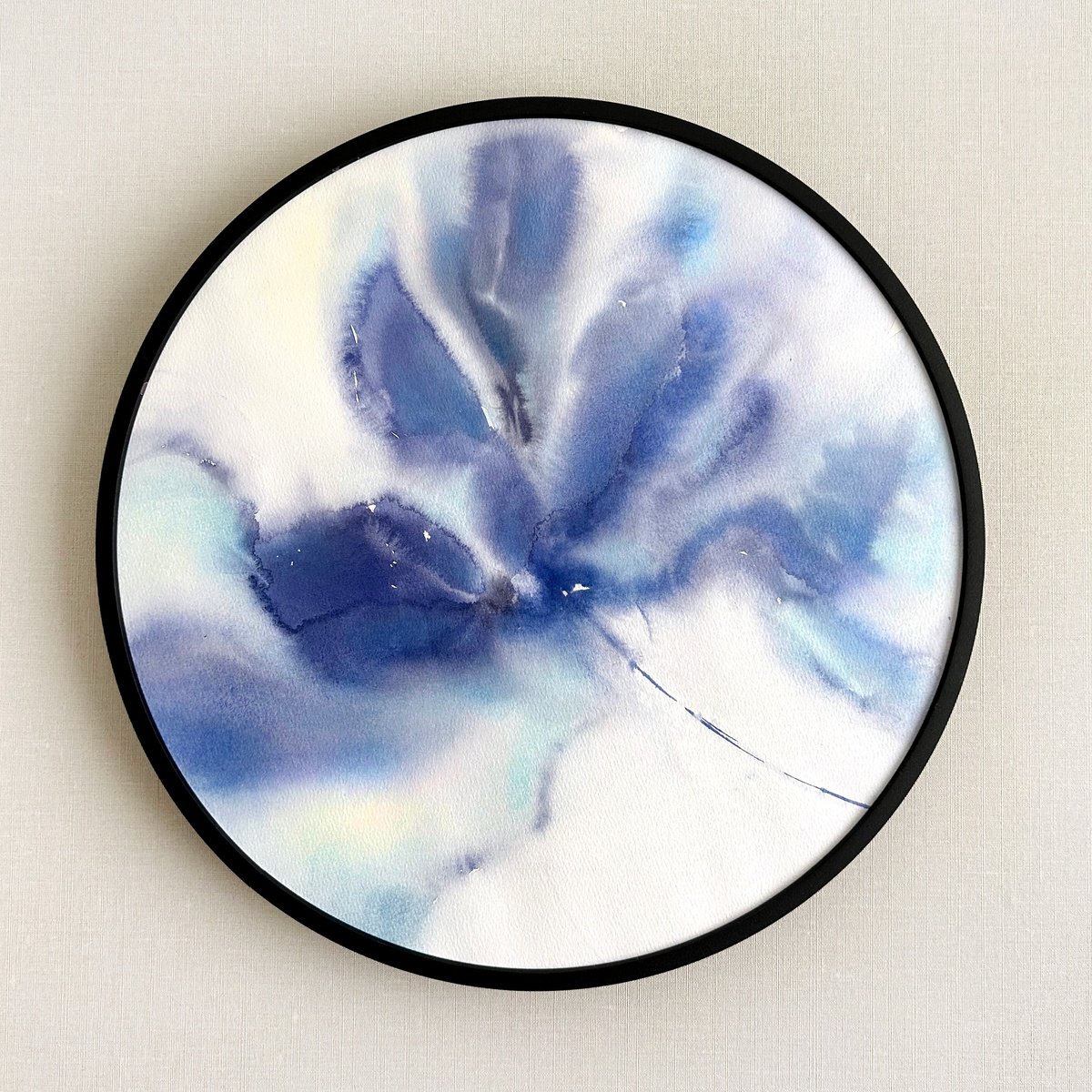 Blue abstract flower round art by Olga Grigo