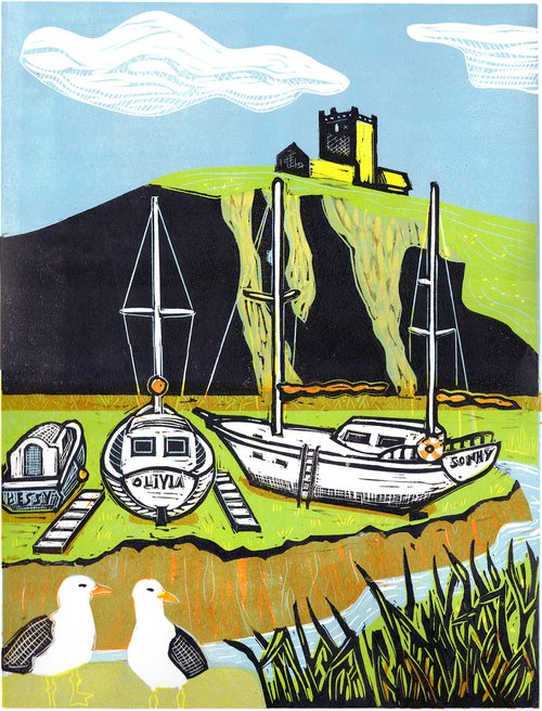 Boats at Uphill, Somerset. Limited Edition linocut by Fiona Horan