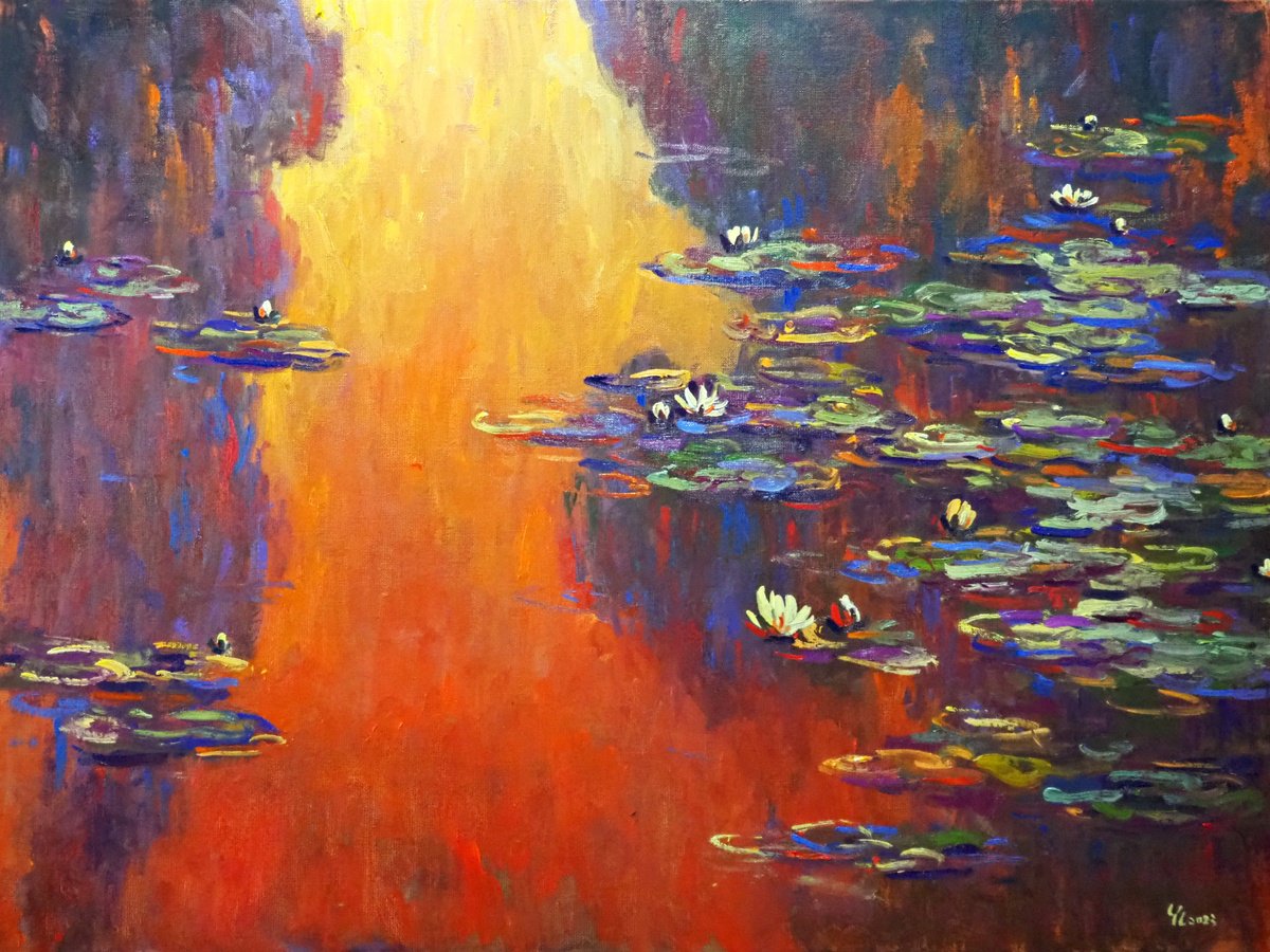 Impressionistic Landscape Oil Painting By Yuanyuan Liu, 31 X 24", Water Lilies, Original Artwork