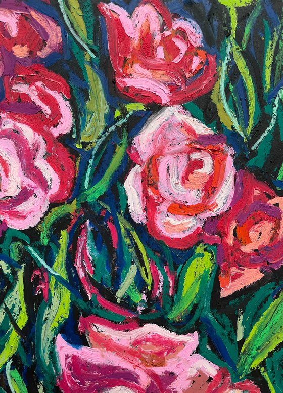 Rose Original Panting, Pink Flowers Oil Pastel Drawing, Gift for Her, Bright Colorful Wall Art