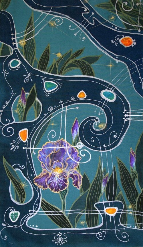 Decorative Silk Painting with a Blue Iris and Elven Fence by Bistra Sirin