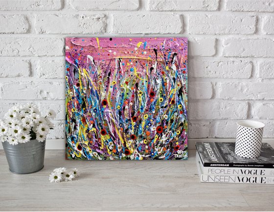 Pink Flowers Meadow - Abstract Floral Landscape, Textured Painting