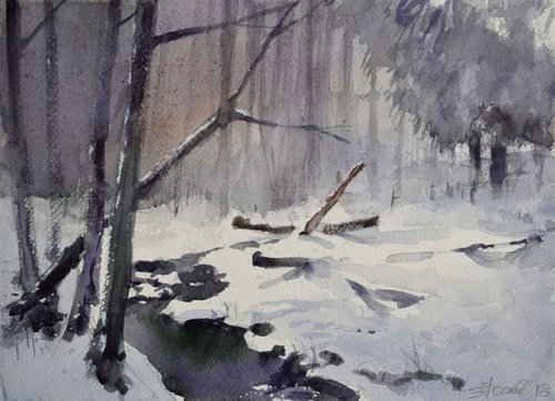 Snowscape with logs by Goran Žigolić Watercolors