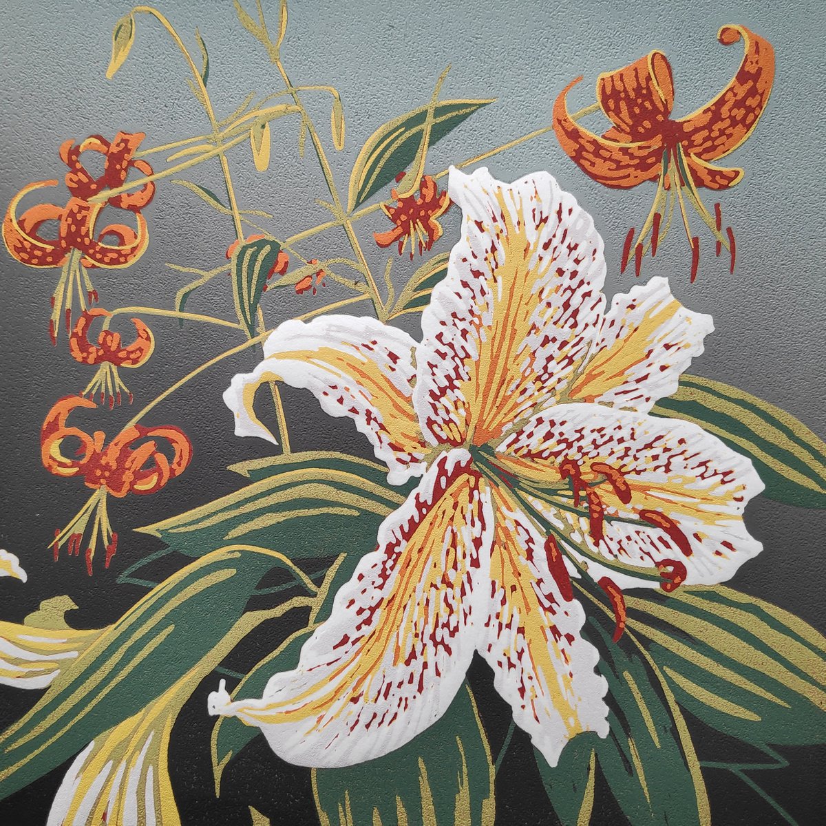 Impressionistic Botanical Linocut By Alexandra Buckle, 12 X 12, Woodland Lilies, Original Artwork