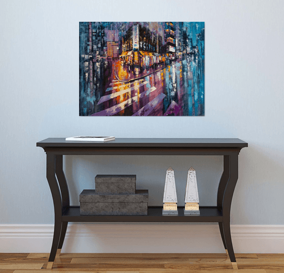 Night city after rain , big painting 80х60