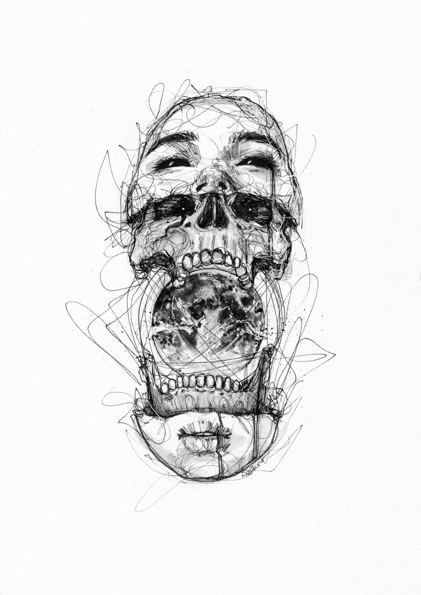 Expressive Portrait Ink Drawing By Doriana Popa, 8 X 12, Moon, Original Artwork