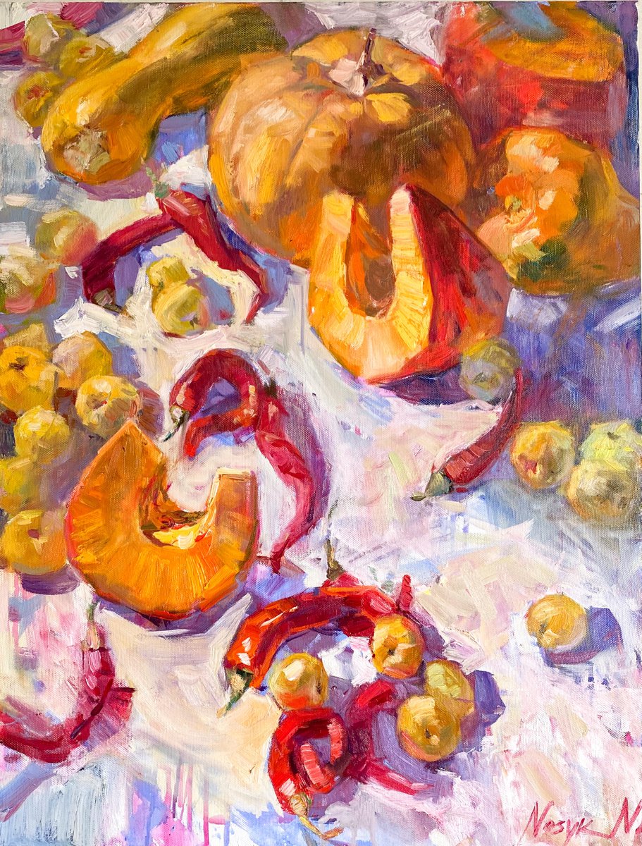 Pumpkin and chili peppers| still life modern original oil painting by Nataliia Nosyk