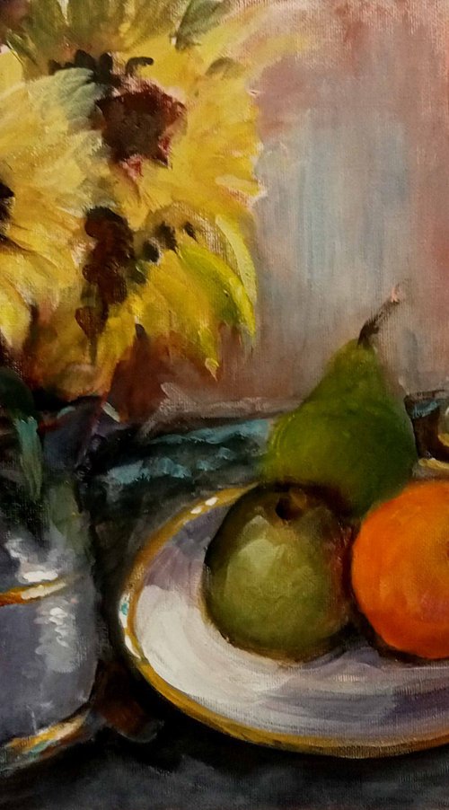 Still life with Sunflowers and fruit by Alan Harris
