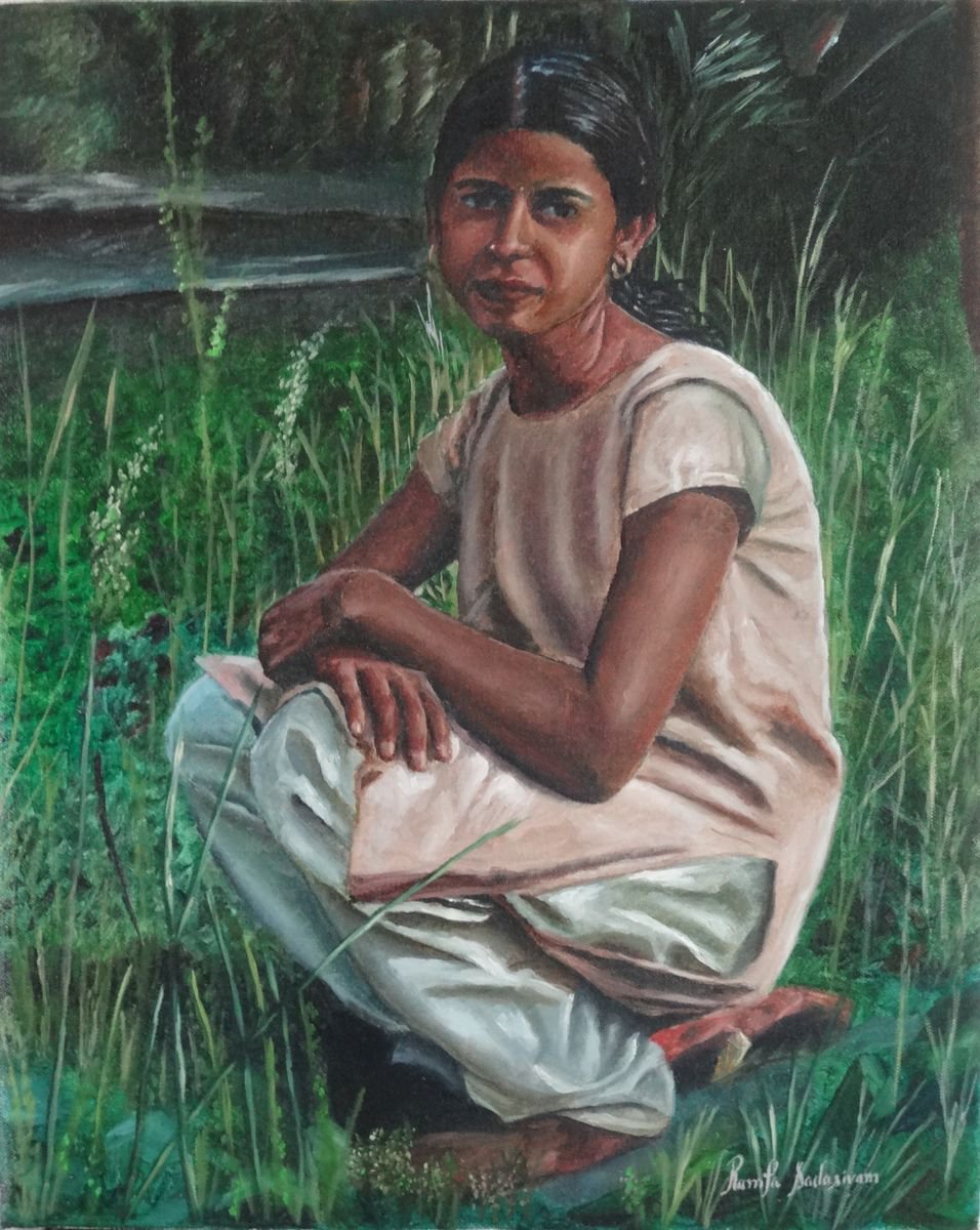 Indian Girl Sitting in the Grass by Ramya Sadasivam