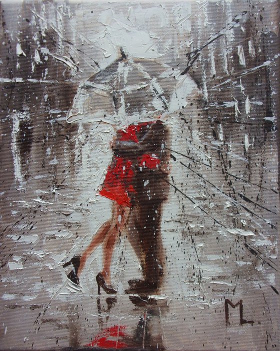 " DATE " FOR K. original painting CITY palette knife SPRING RAIN