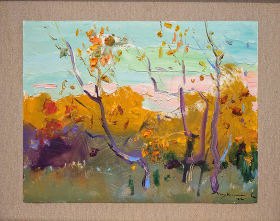 Soft autumn . Sunset .  Moments of autumn . Original oil painting