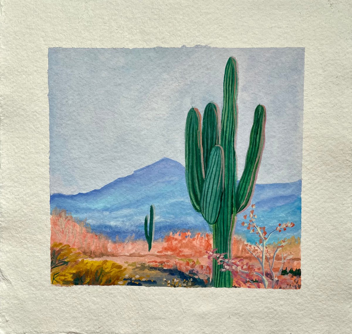 Cactus Gouache Painting, Joshua Tree Small Original Artwork, Desert Landscape Wall Art by Kate Grishakova
