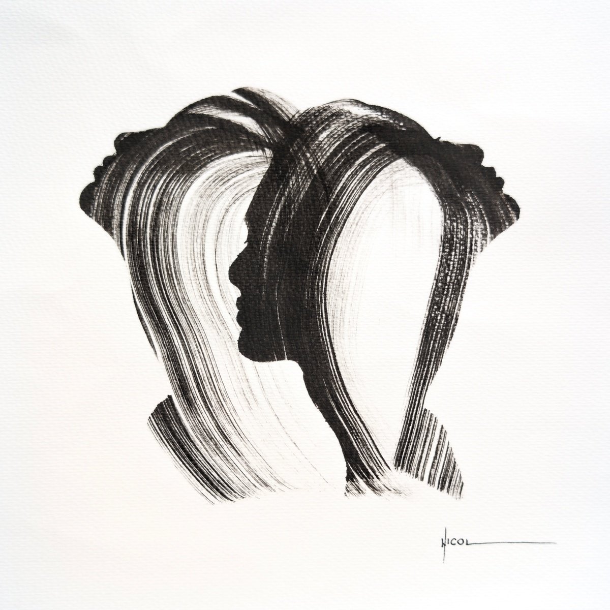 Expressive Portrait Ink Drawing By Nicol Vacaru, 11 X 11", The Sound Of Silence, Original Artwork