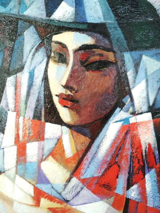 Girl in the hat (60x80cm, cubism, oil painting, ready to hang)