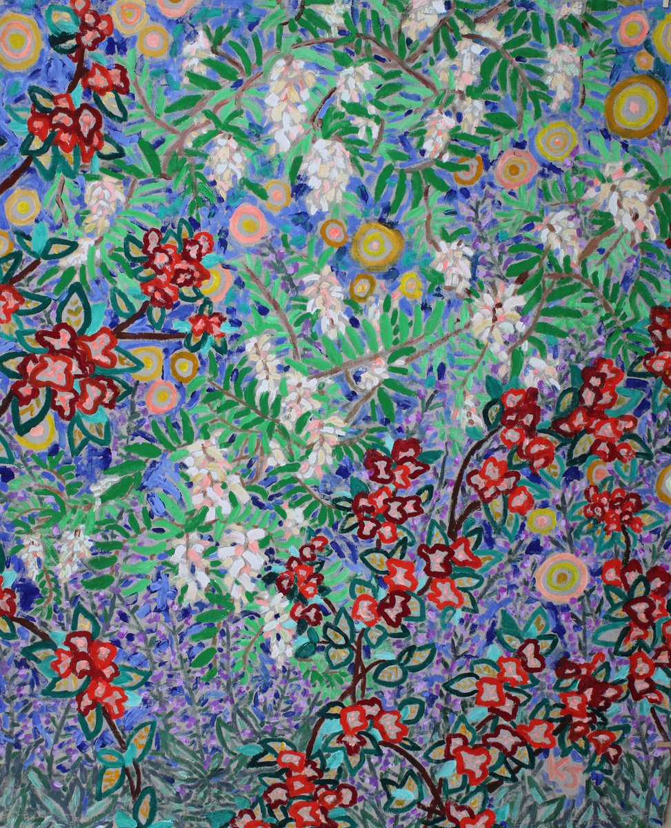 Expressive Botanical Acrylic Painting By Katie Jurkiewicz, 50 X 60", Azalea + Catmint, Original Artwork