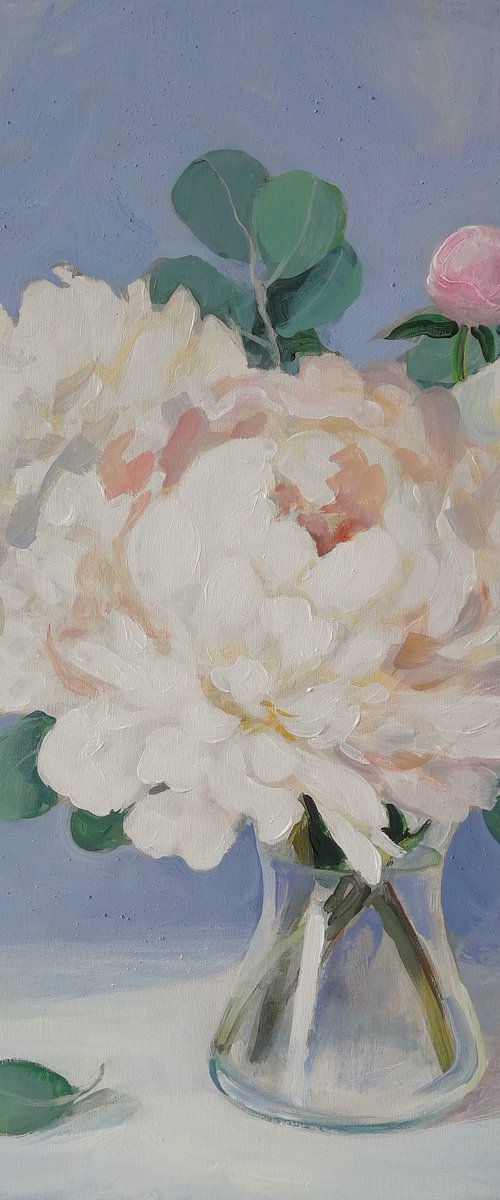 “Peonies on Blue” by Anna Silabrama
