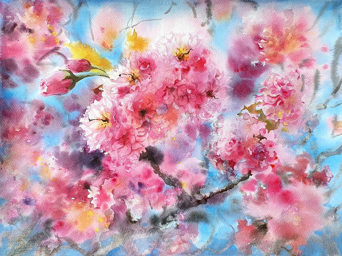 Impressionistic Landscape Watercolour By Sonata Art, 24 X 20", Spring Blooming Trees, Original Artwork