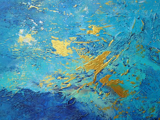 Large Abstract Painting. Blue, Turquoise, Gold Contemporary Abstract Seascape Painting # 810-29. Modern Textured Art