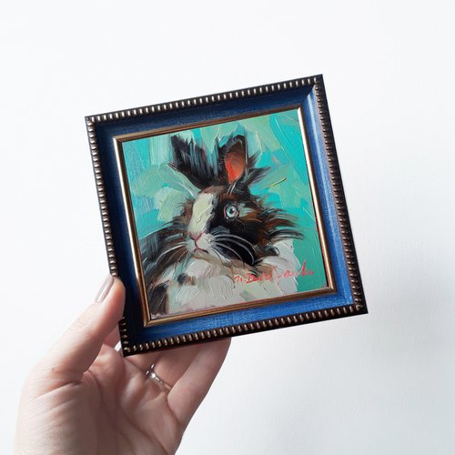 Cute rabbit painting original oil framed 4x4, Small framed art Black and white rabbit artwork turquoise background by Nataly Derevyanko